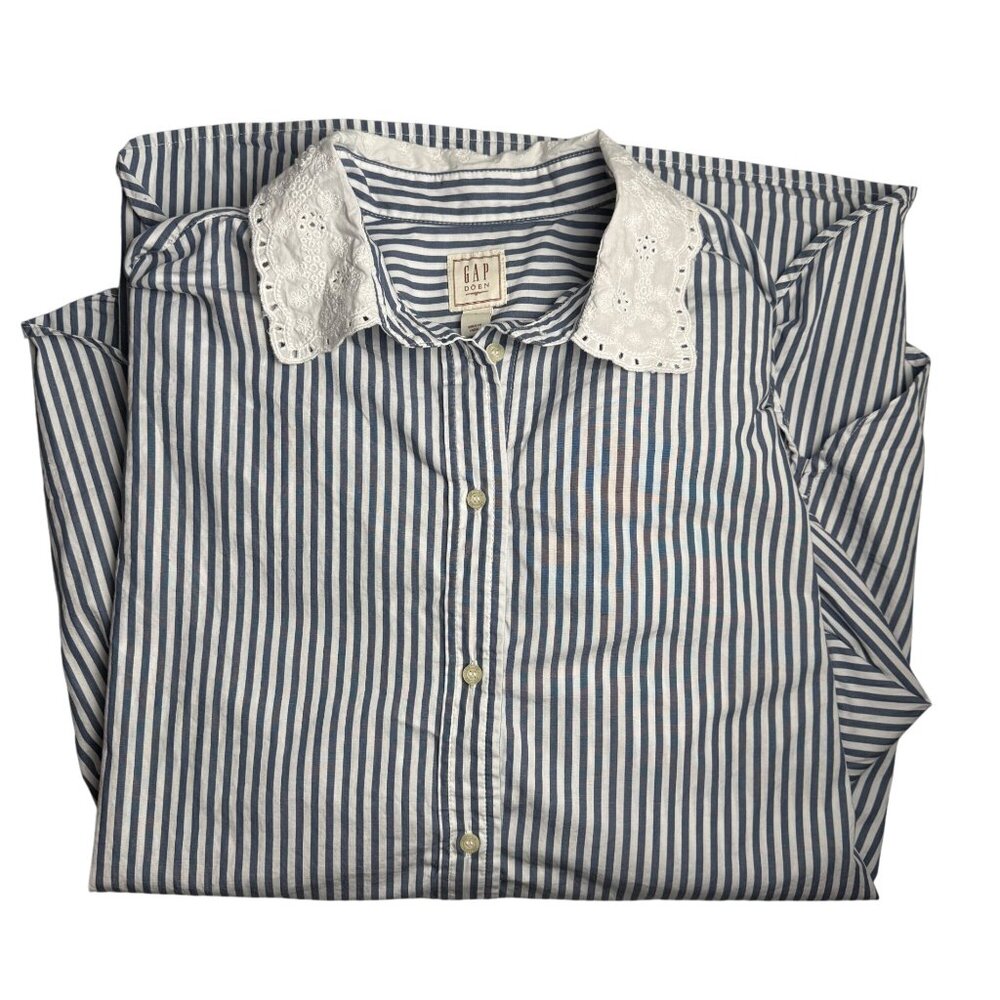 Gap X DOEN Eyelet Lace Collar Button Down Big Shirt Blue Stripe 100% Cotton L - Picture 10 of 11